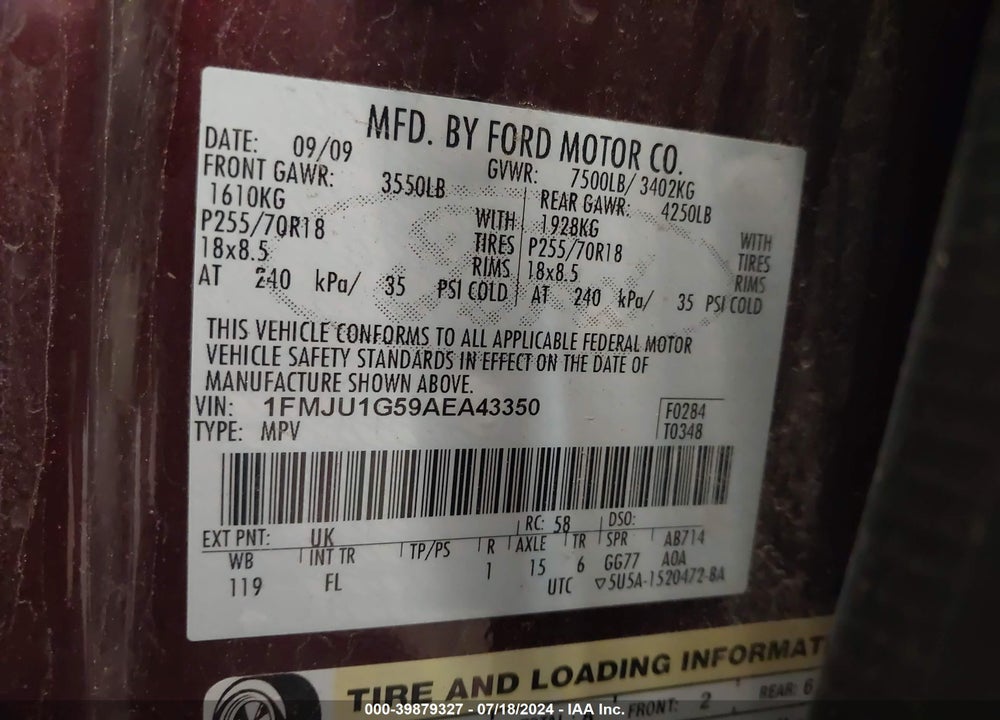 2010 FORD EXPEDITION XLT VIN: 1FMJU1G59AEA43350