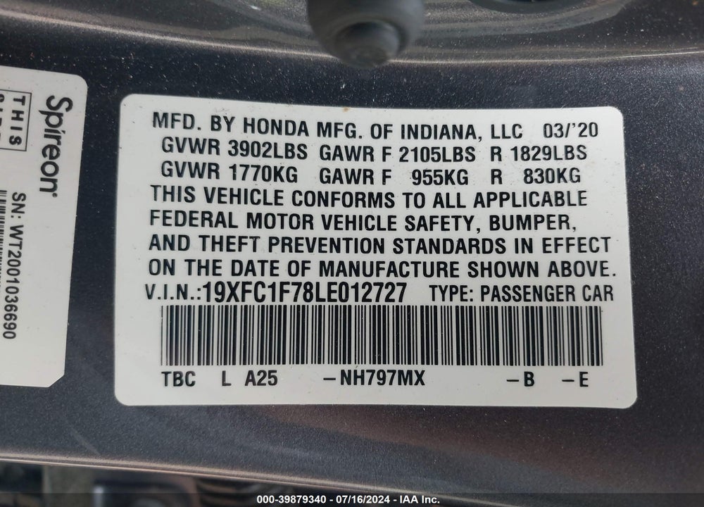 2020 HONDA CIVIC EX-L VIN: 19XFC1F78LE012727