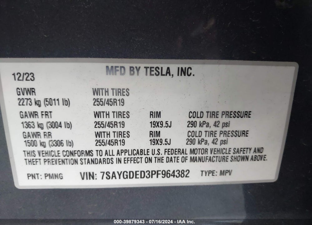 2023 TESLA MODEL Y RWD VIN: 7SAYGDED3PF964382