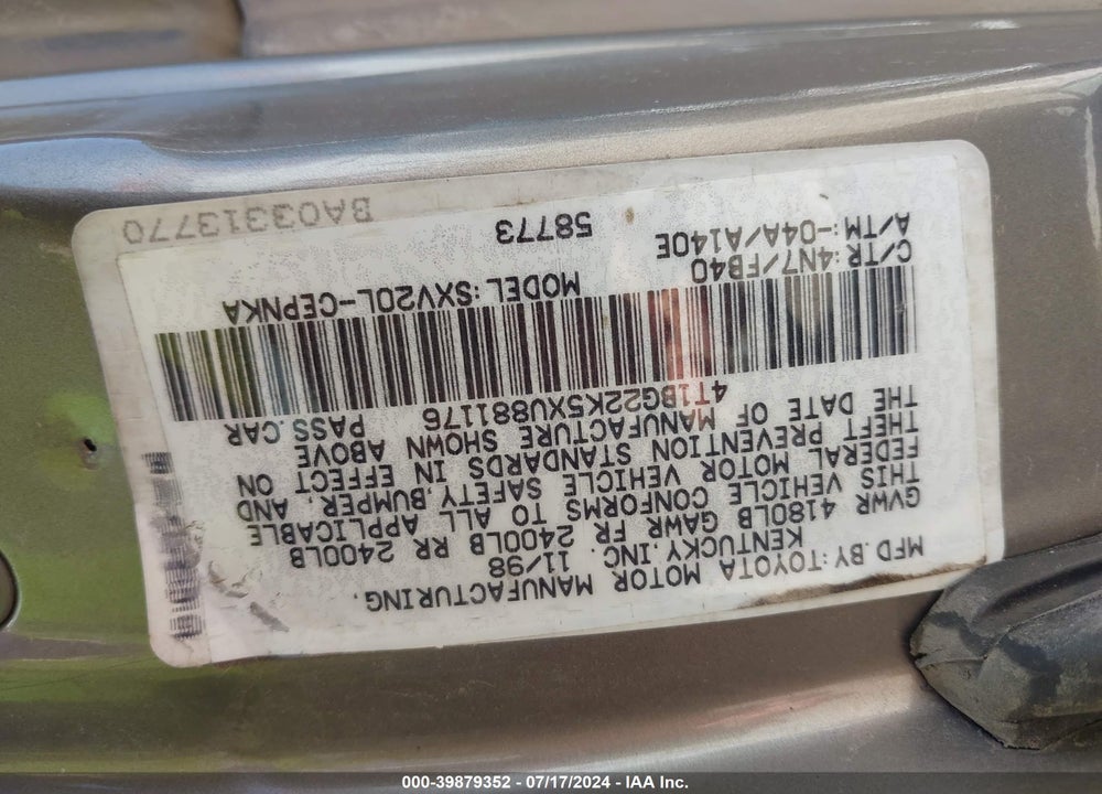 1999 TOYOTA CAMRY LE VIN: 4T1BG22K3XU478393