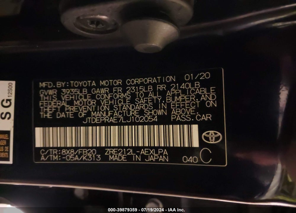 2020 TOYOTA COROLLA LE VIN: JTDEPRAE7LJ102054