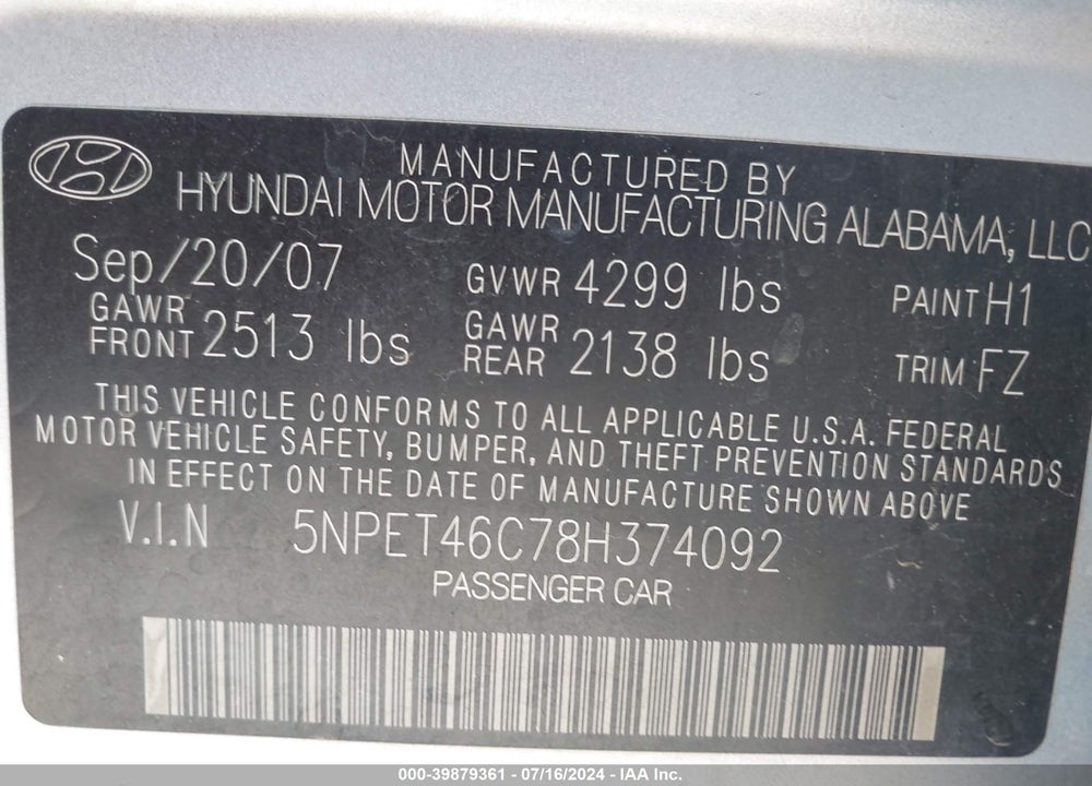 2008 HYUNDAI SONATA GLS VIN: 5NPET46C78H374092