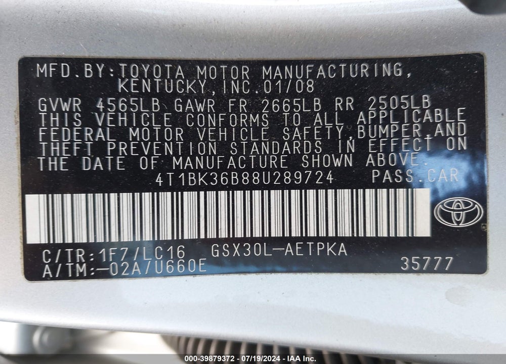 2008 TOYOTA AVALON LIMITED VIN: 4T1BK36B88U289724