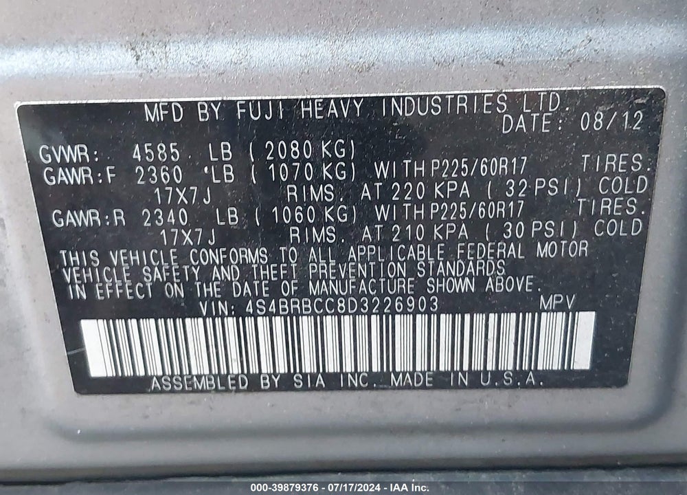 2013 SUBARU OUTBACK 2.5I PREMIUM VIN: 4S4BRBCC8D3226903