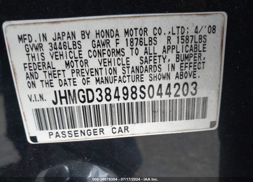 2008 HONDA FIT VIN: JHMGD38498S044203