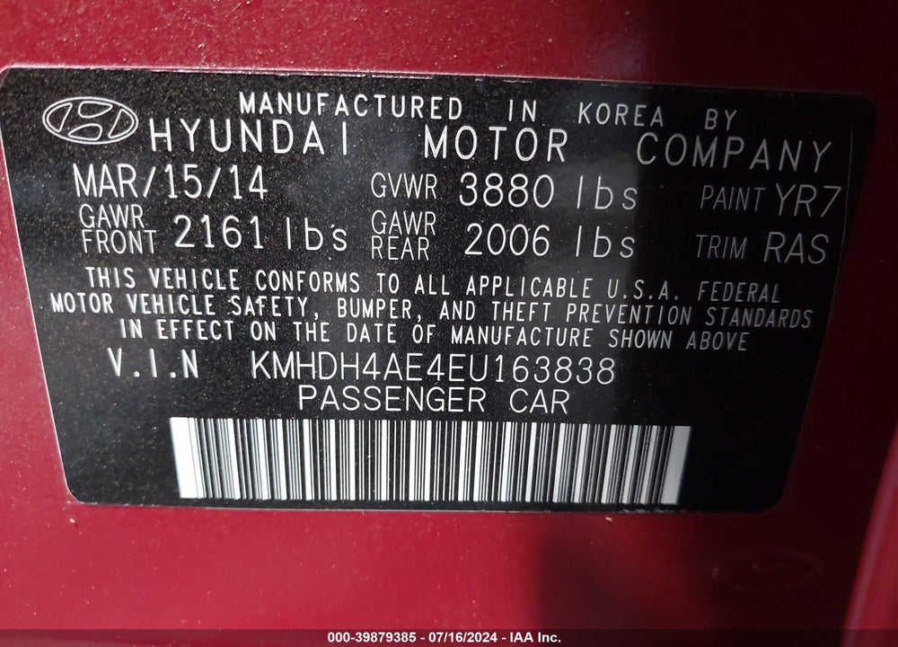 2014 HYUNDAI ELANTRA SE VIN: KMHDH4AE4EU163838