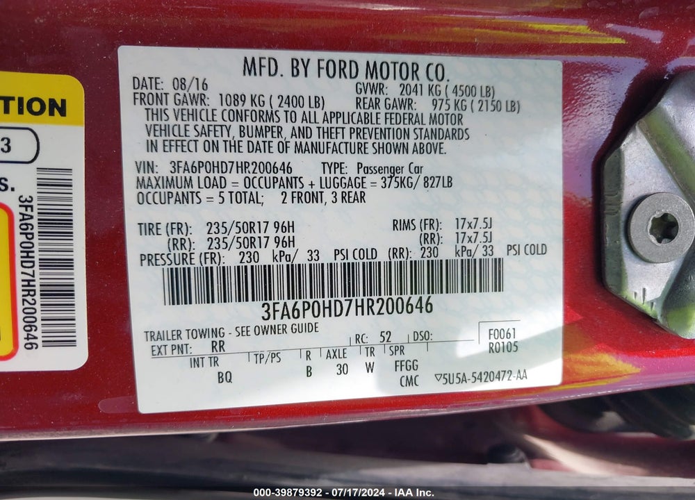 2017 FORD FUSION SE VIN: 3FA6P0HD7HR200646