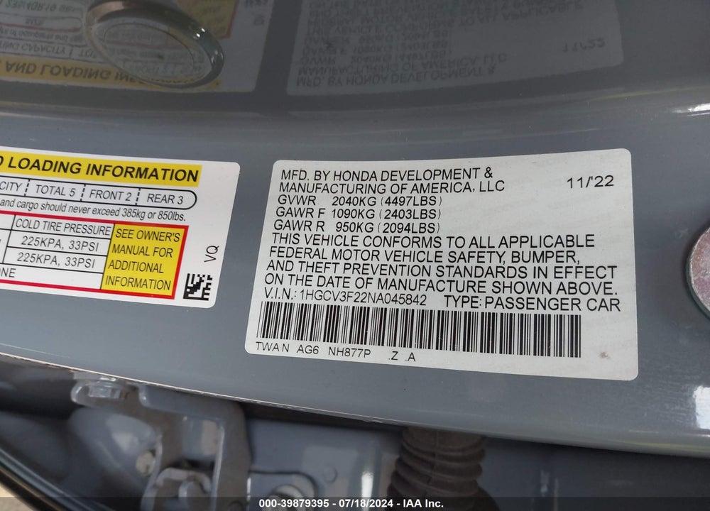 2022 HONDA ACCORD HYBRID SPORT VIN: 1HGCV3F22NA045842