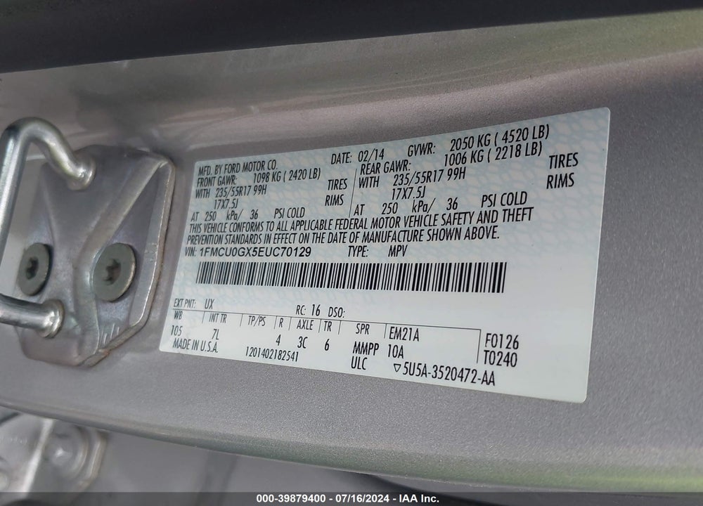 2014 FORD ESCAPE SE VIN: 1FMCU0GX5EUC70129