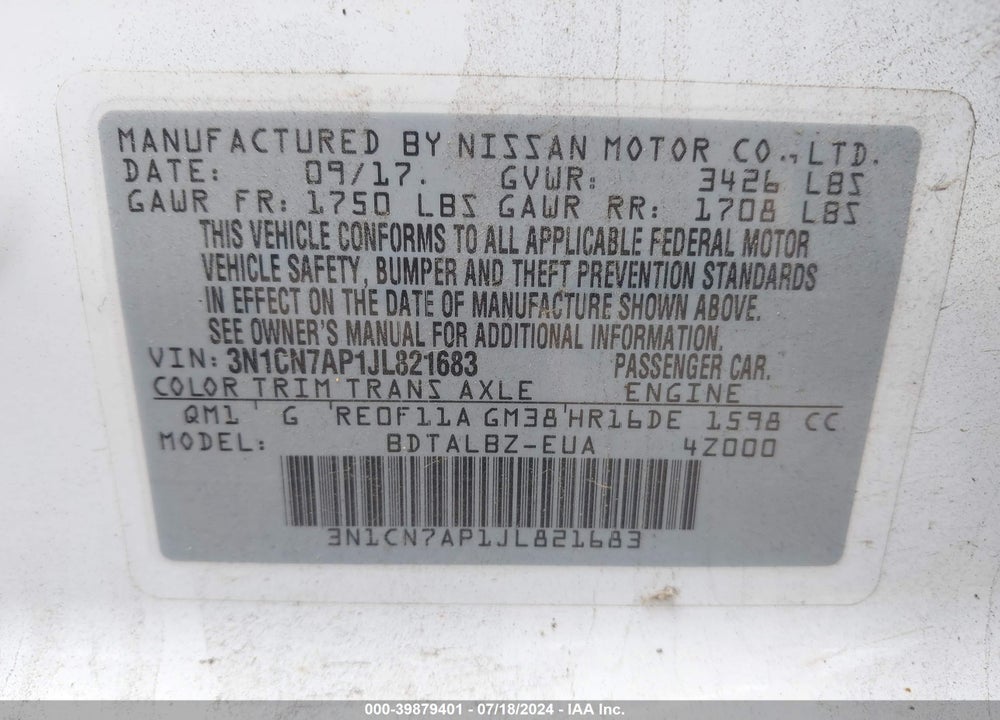 2018 NISSAN VERSA 1.6 SV VIN: 3N1CN7AP1JL821683