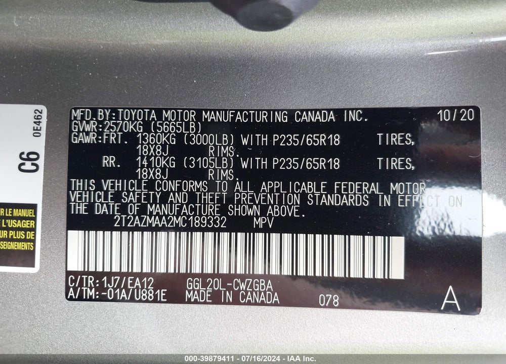 2021 LEXUS RX 350 VIN: 2T2AZMAA2MC189332