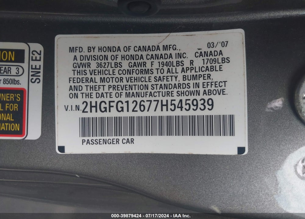 2007 HONDA CIVIC LX VIN: 2HGFG12677H545939