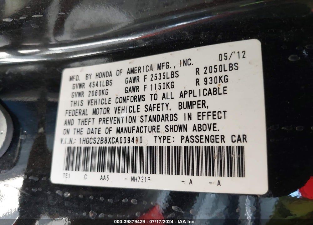 2012 HONDA ACCORD 3.5 EX-L VIN: 1HGCS2B8XCA009410