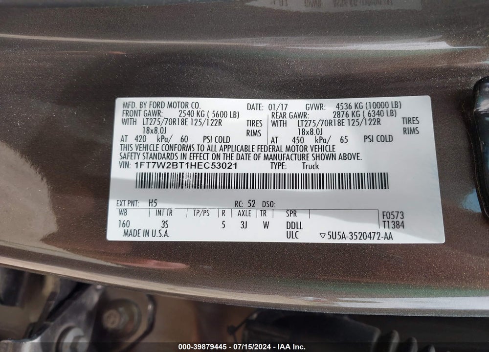 2017 FORD F-250 XLT VIN: 1FT7W2BT1HEC53021