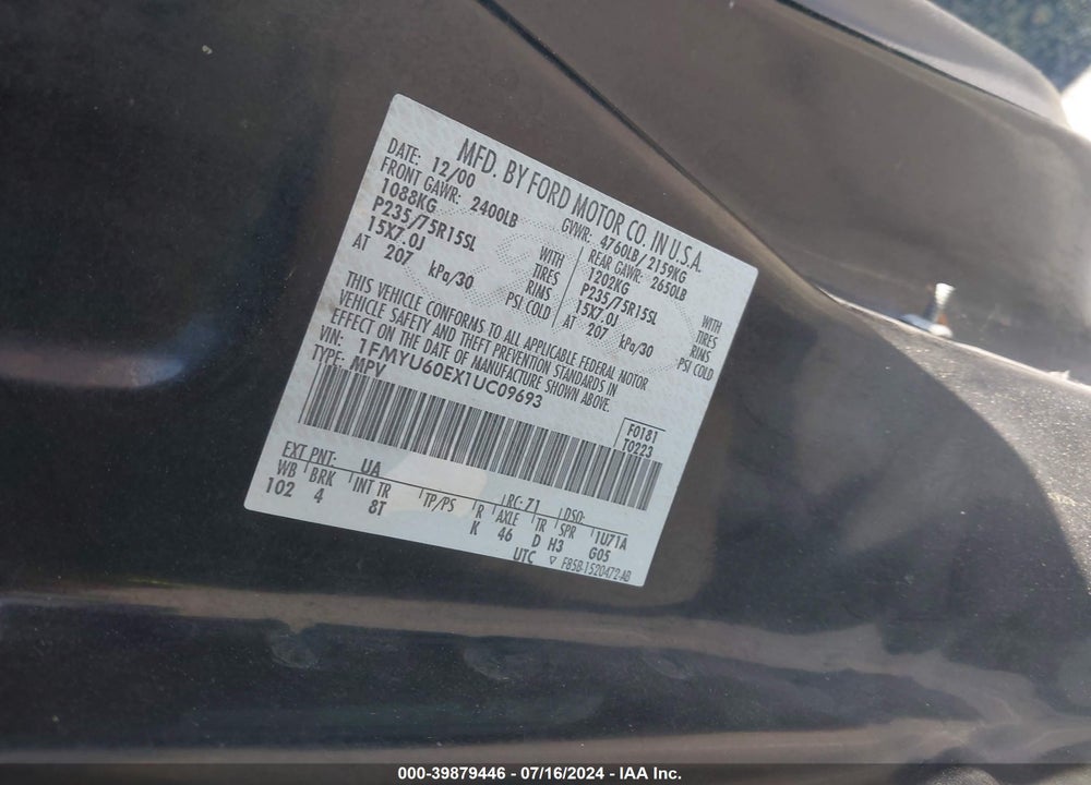 2001 FORD EXPLORER SPORT VIN: 1FMYU60EX1UC09693