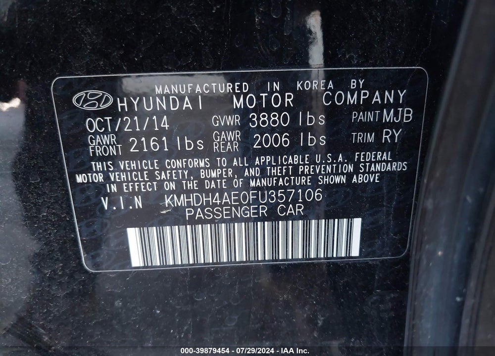 2015 HYUNDAI ELANTRA SE VIN: KMHDH4AE0FU357106