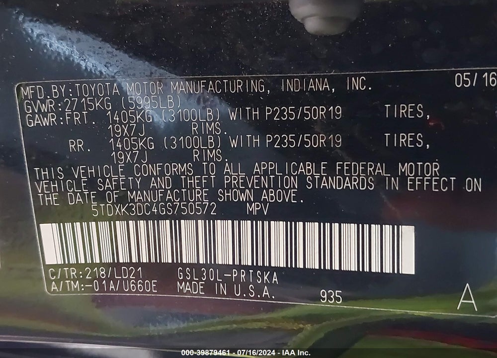 2016 TOYOTA SIENNA SE 8 PASSENGER VIN: 5TDXK3DC4GS750572