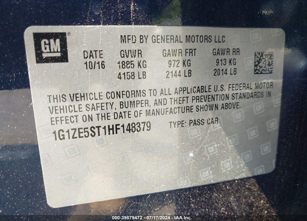 2017 CHEVROLET MALIBU 1LT VIN: 1G1ZE5ST1HF148379