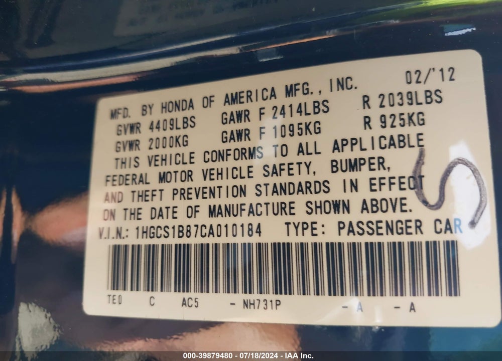2012 HONDA ACCORD 2.4 EX-L VIN: 1HGCS1B87CA010184