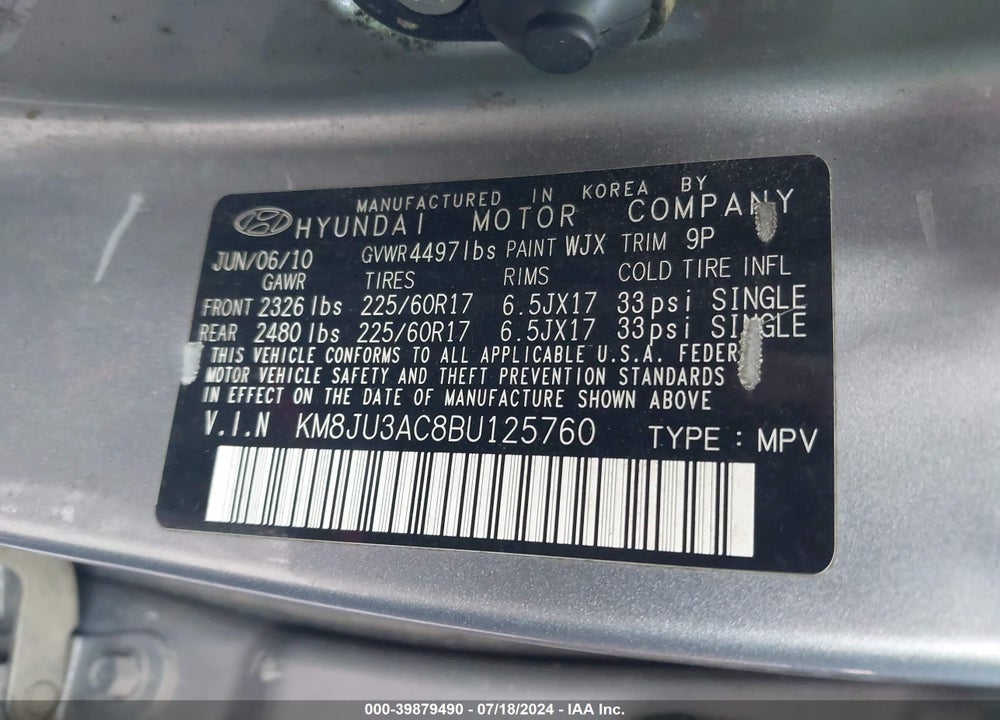 2011 HYUNDAI TUCSON GLS VIN: KM8JU3AC8BU125760