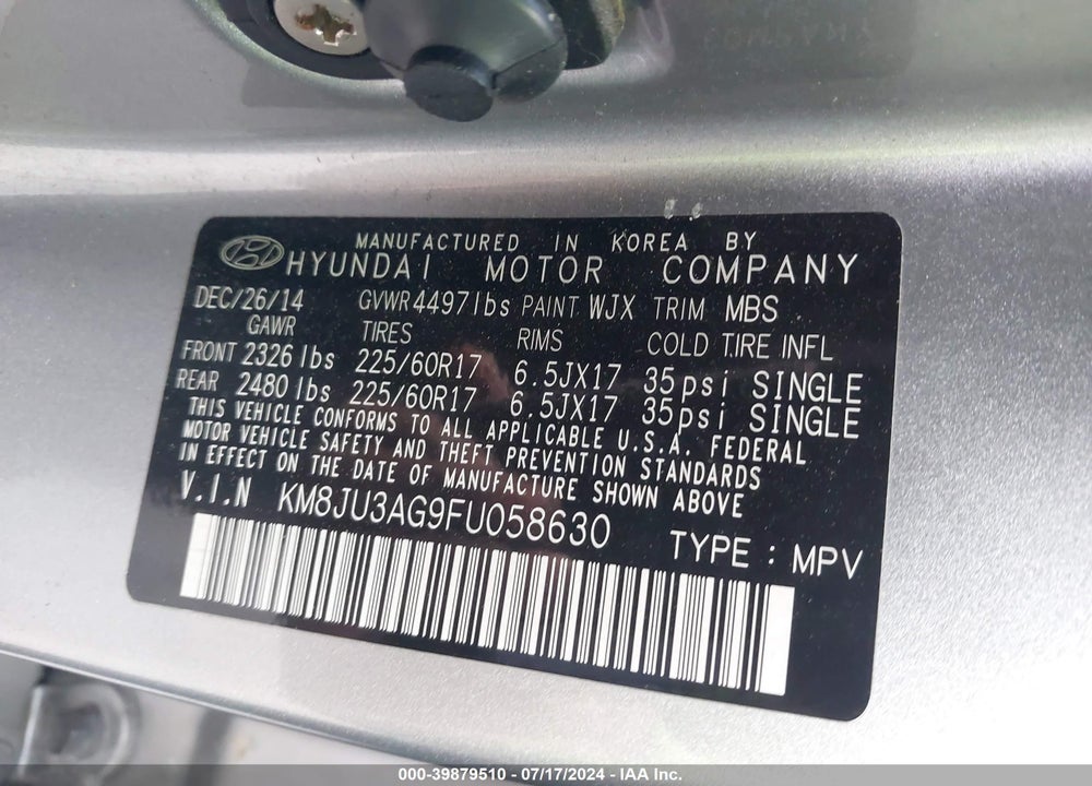 2015 HYUNDAI TUCSON SE VIN: KM8JU3AG9FU058630
