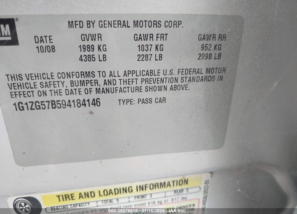 2009 CHEVROLET MALIBU LS VIN: 1G1ZG57B594184146