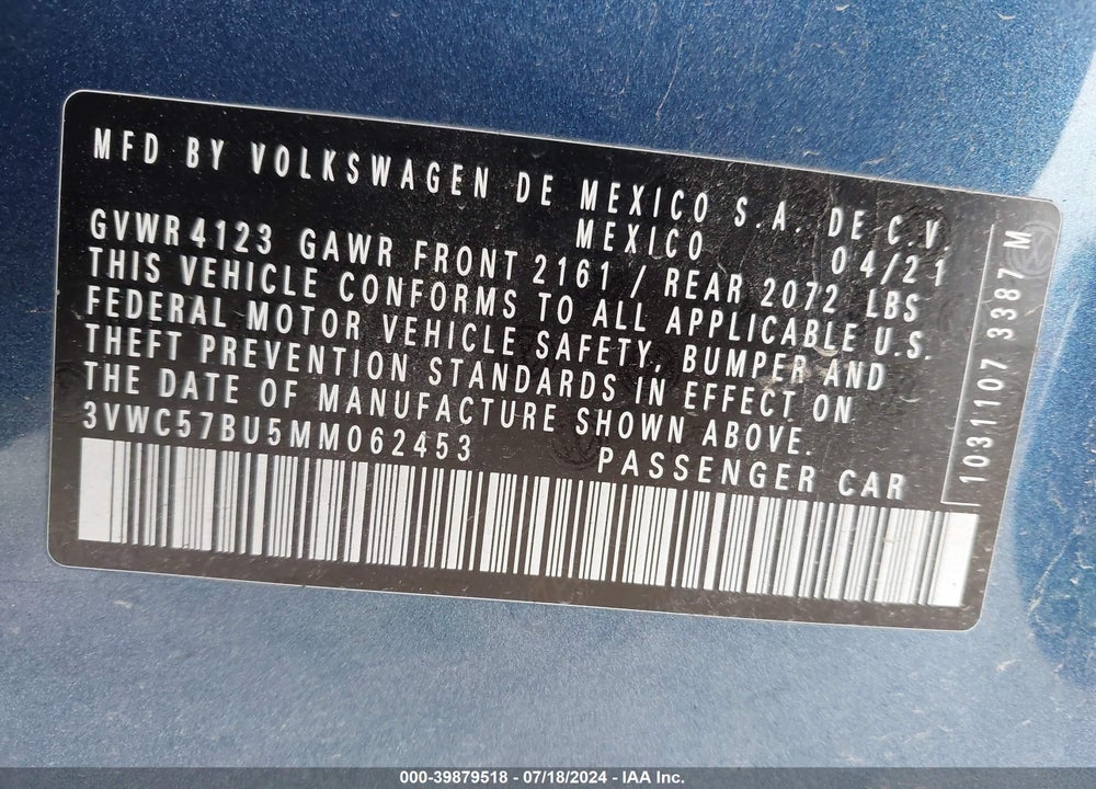 2021 VOLKSWAGEN JETTA VIN: 3VWC57BU5MM062453