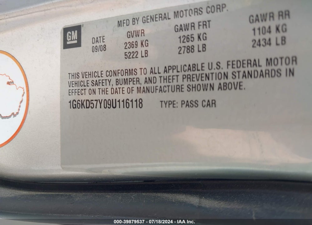 2009 CADILLAC DTS 1SD VIN: 1G6KD57Y09U116118