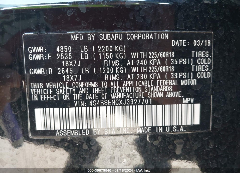 2018 SUBARU OUTBACK 3.6R LIMITED VIN: 4S4BSENCXJ3327701