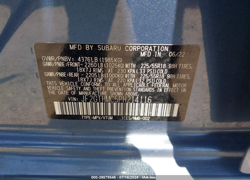 2023 SUBARU CROSSTREK LIMITED VIN: JF2GTHMC5PH214116
