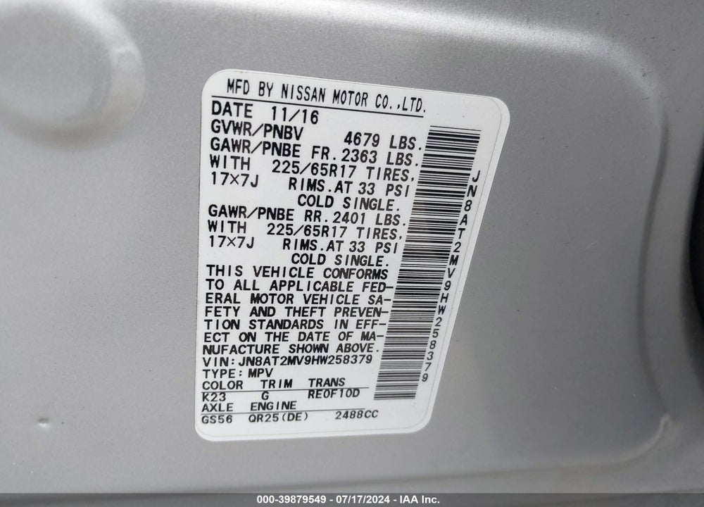 2017 NISSAN ROGUE S VIN: JN8AT2MV9HW258379