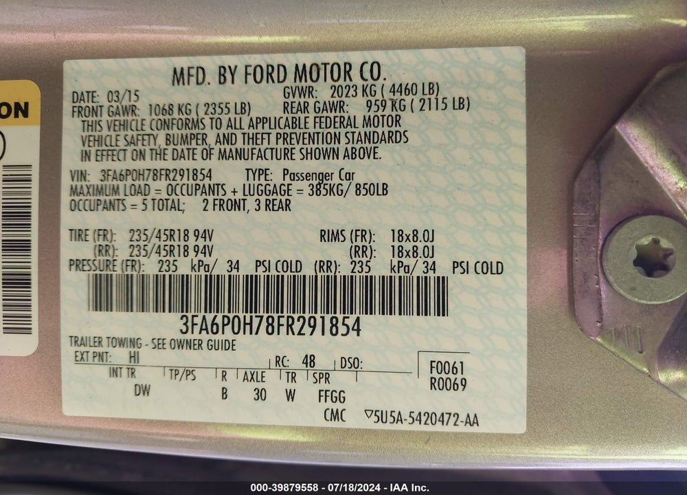 2015 FORD FUSION SE VIN: 3FA6P0H78FR291854