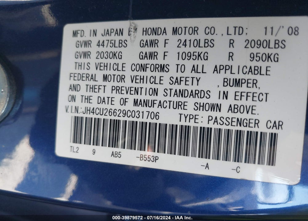 2009 ACURA TSX VIN: JH4CU26629C031706
