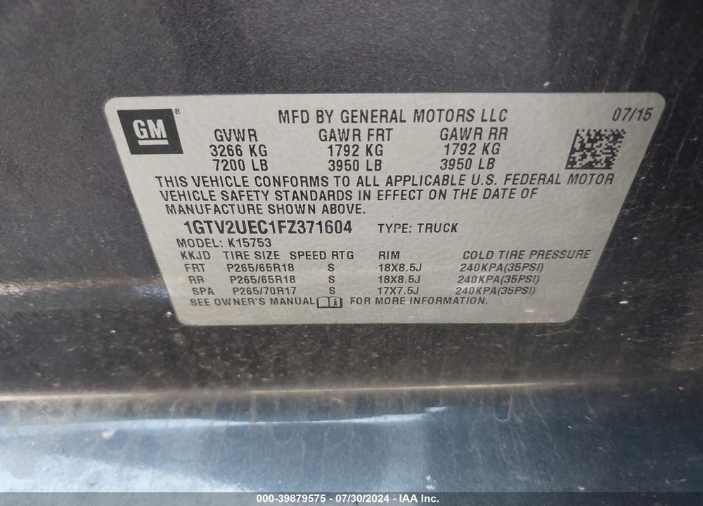 2015 GMC SIERRA 1500 SLE VIN: 1GTV2UEC1FZ371604