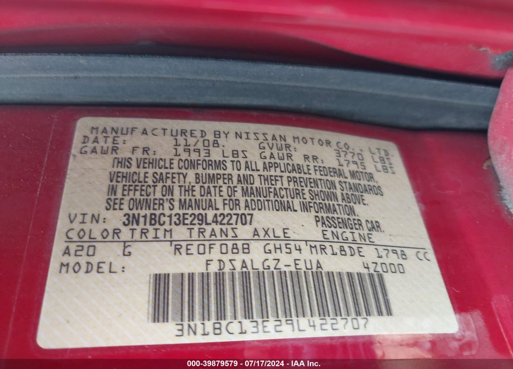 2009 NISSAN VERSA 1.8SL VIN: 3N1BC13E29L422707