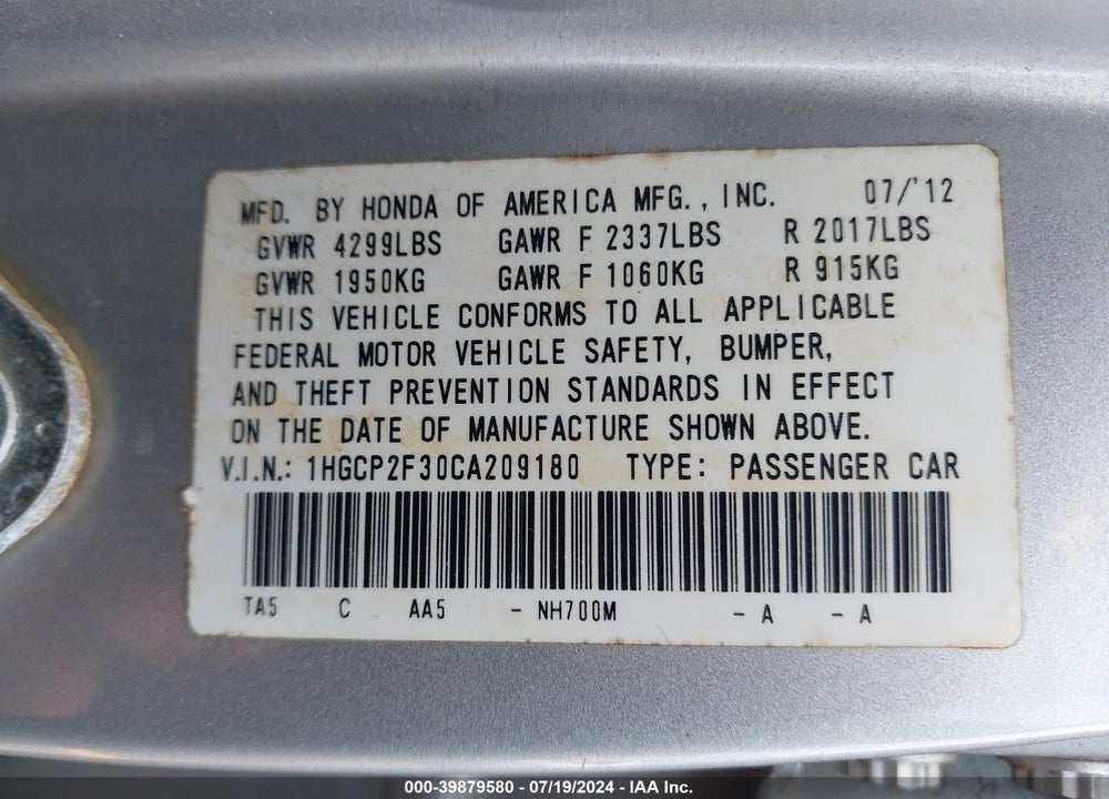 2012 HONDA ACCORD 2.4 LX VIN: 1HGCP2F30CA209180