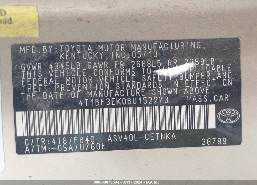 2011 TOYOTA CAMRY LE VIN: 4T1BF3EK0BU152273
