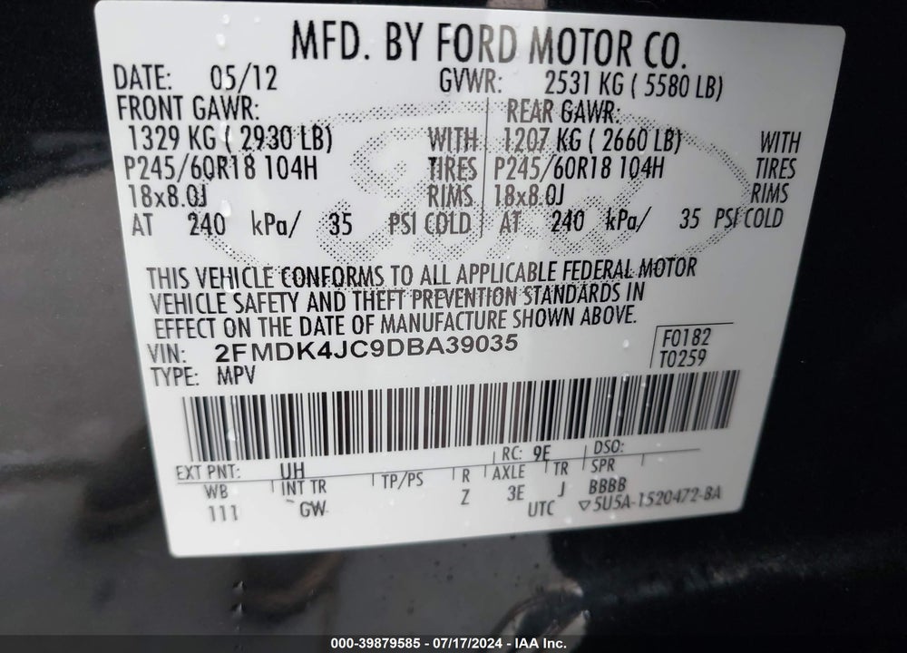 2013 FORD EDGE SEL VIN: 2FMDK4JC9DBA39035