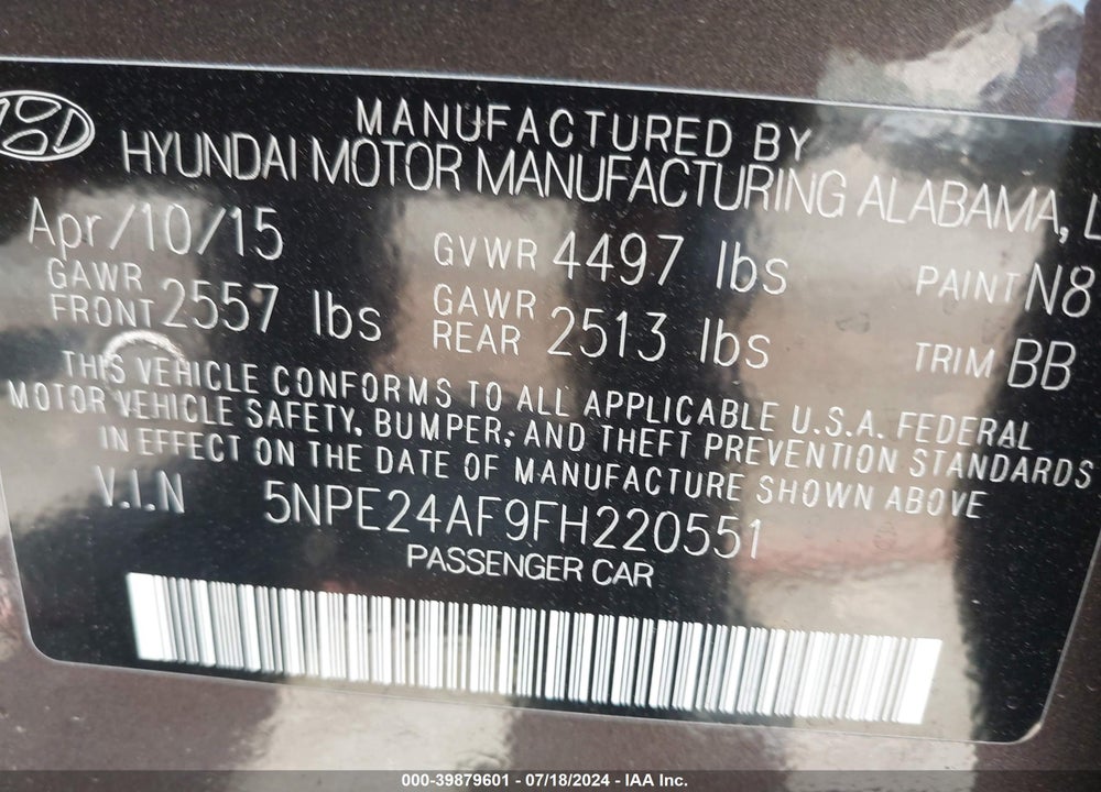 2015 HYUNDAI SONATA SE VIN: 5NPE24AF9FH220551