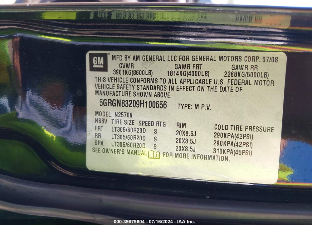 2009 HUMMER H2 SUV VIN: 5GRGN83209H100656