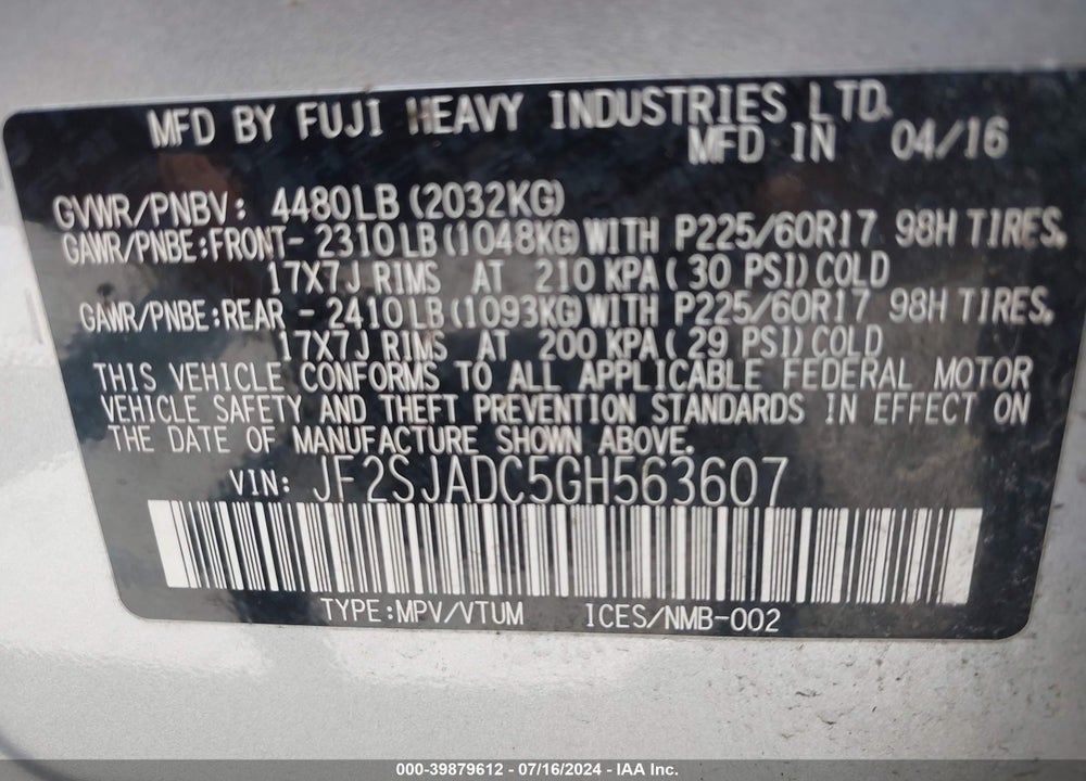 2016 SUBARU FORESTER 2.5I PREMIUM VIN: JF2SJADC5GH563607