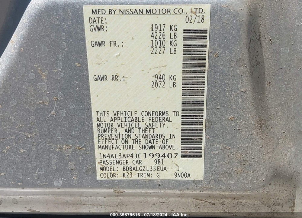 2018 NISSAN ALTIMA 2.5 S VIN: 1N4AL3AP4JC199407