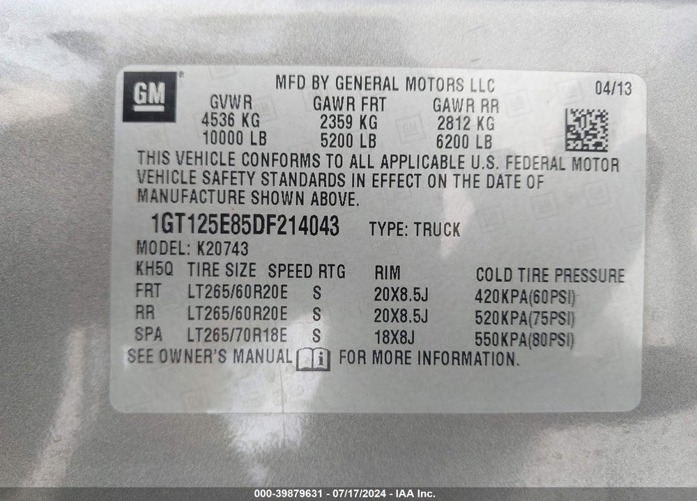 2013 GMC SIERRA 2500HD VIN: 1GT125E85DF214043