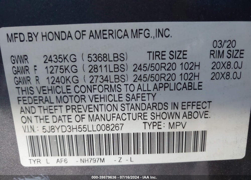 2020 ACURA MDX TECHNOLOGY PACKAGE VIN: 5J8YD3H55LL008267