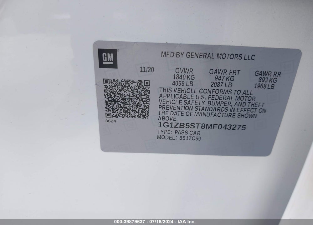 2021 CHEVROLET MALIBU FWD LS VIN: 1G1ZB5ST8MF043275