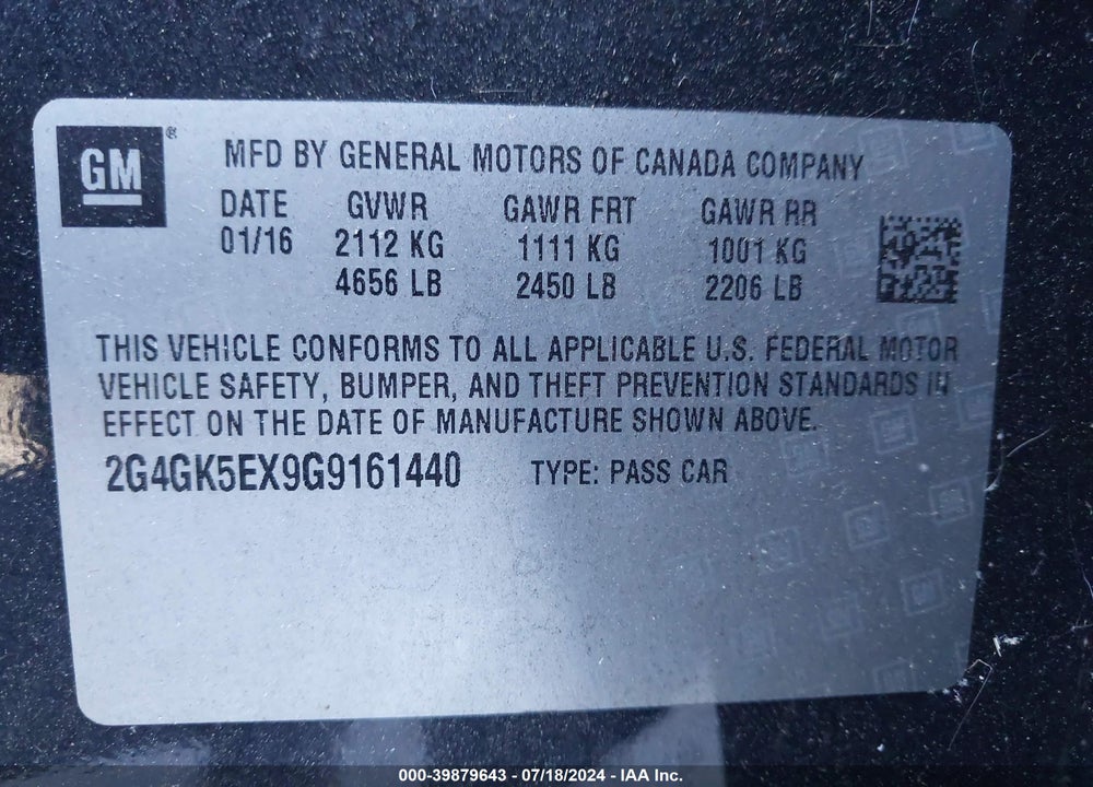 2016 BUICK REGAL TURBO VIN: 2G4GK5EX9G9161440