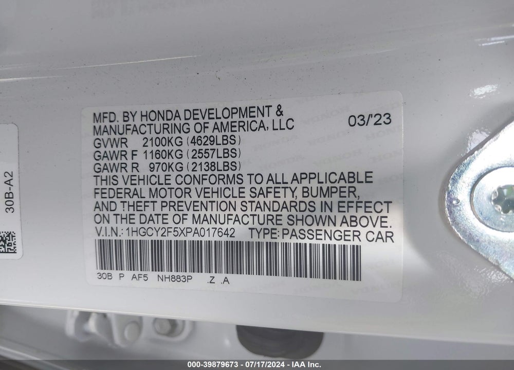 2023 HONDA ACCORD HYBRID SPORT VIN: 1HGCY2F5XPA017642