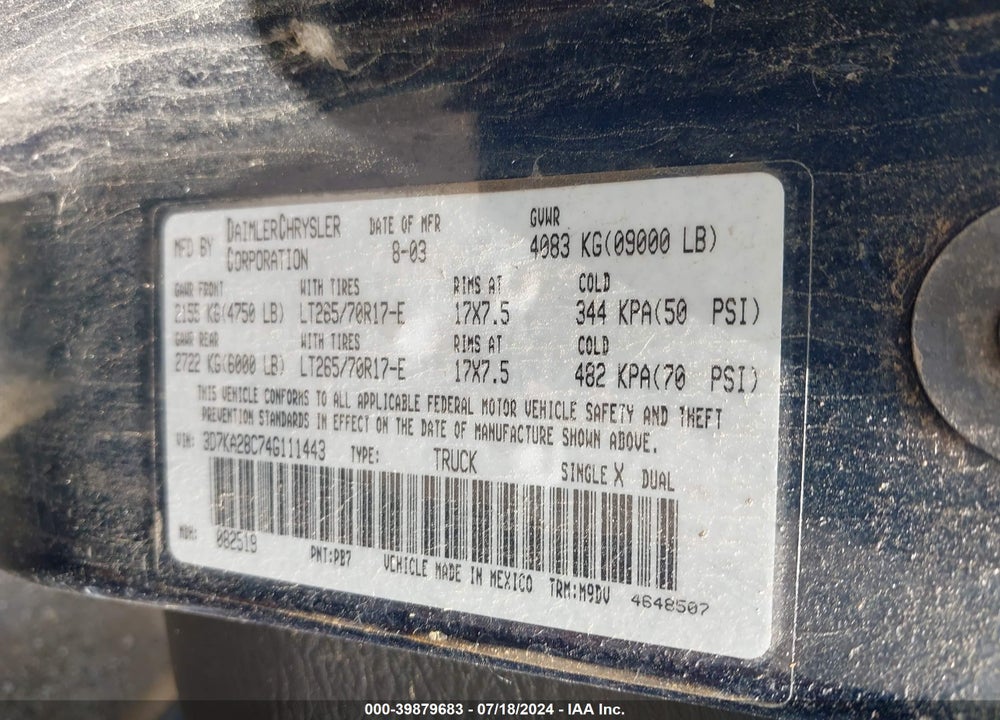 2004 DODGE RAM 2500 SLT/LARAMIE VIN: 3D7KA28C74G111443