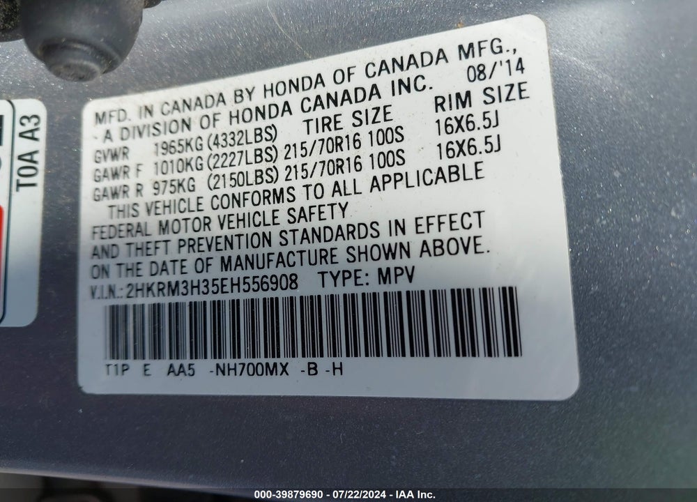 2014 HONDA CR-V LX VIN: 2HKRM3H35EH556908