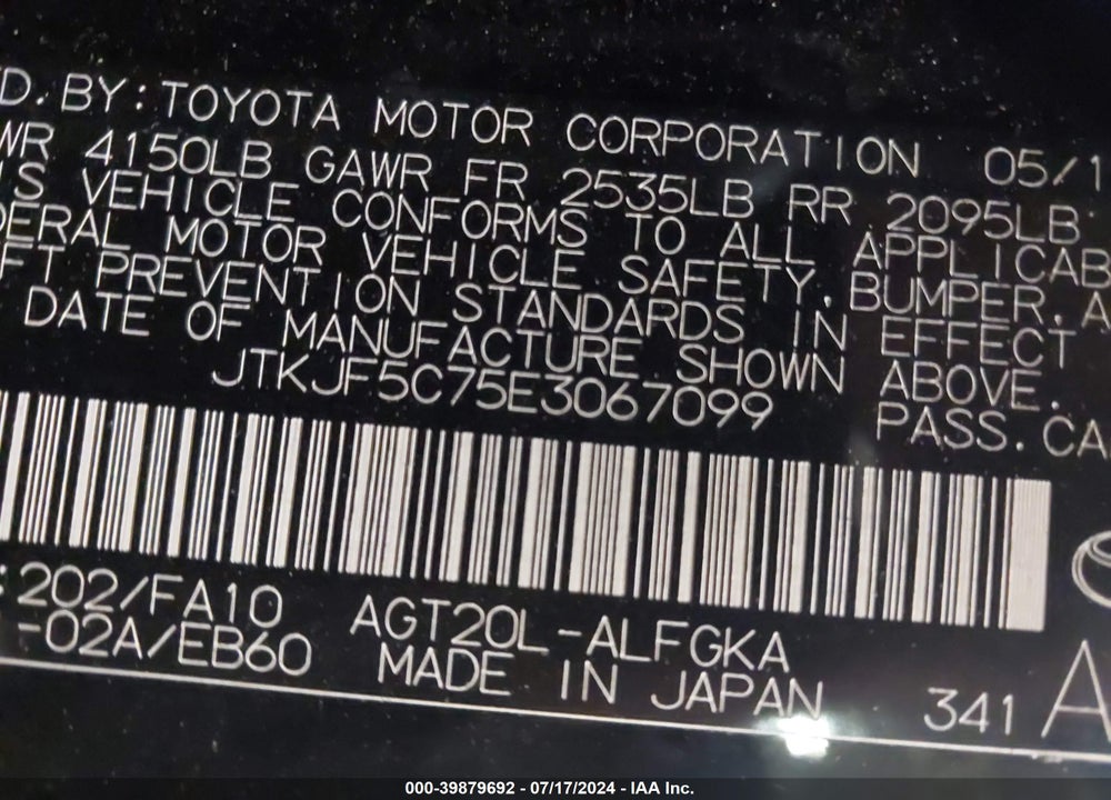 2014 SCION TC VIN: JTKJF5C75E3067099